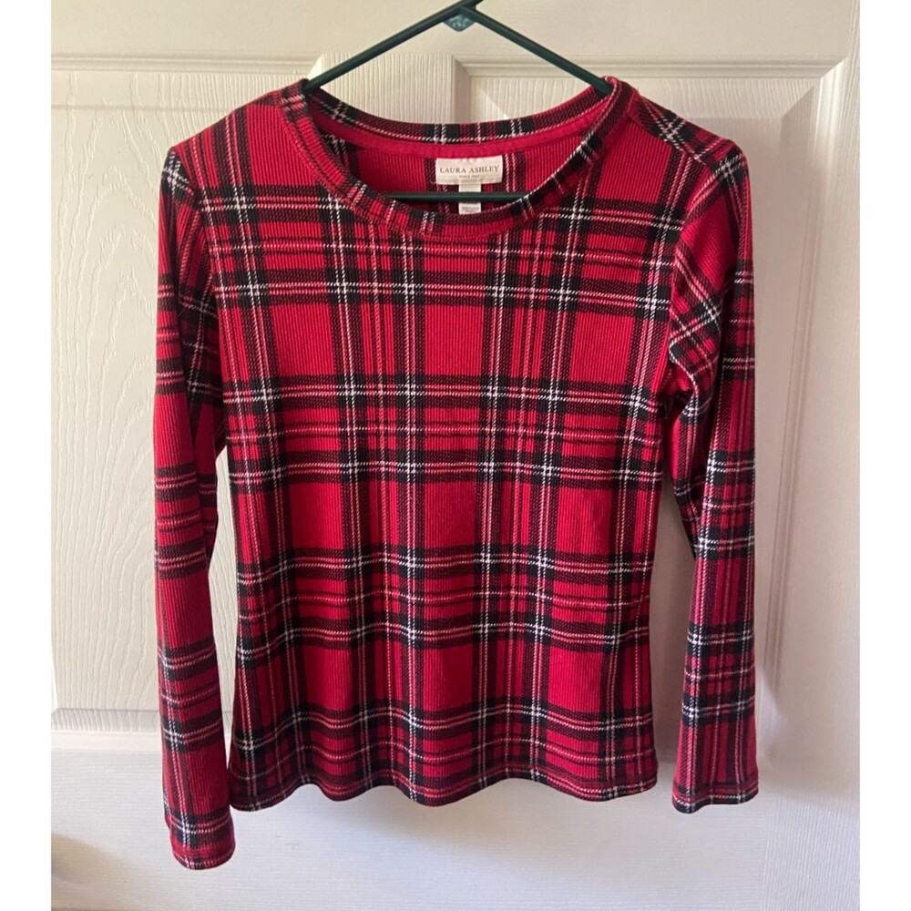 Laura Ashley Thermal Pullover Red Tartan Plaid Long Sleeved Top Size Medium